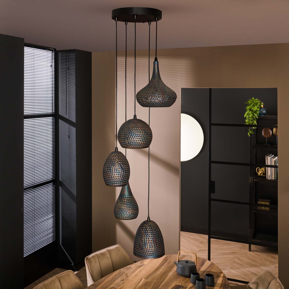 StoerLights Hanglamp Getrapt Punch Mix 5xE27 Zwart/Bruin - Afbeelding 2