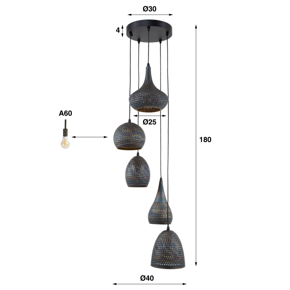 StoerLights Hanglamp Getrapt Punch Mix 5xE27 Zwart/Bruin - Afbeelding 5